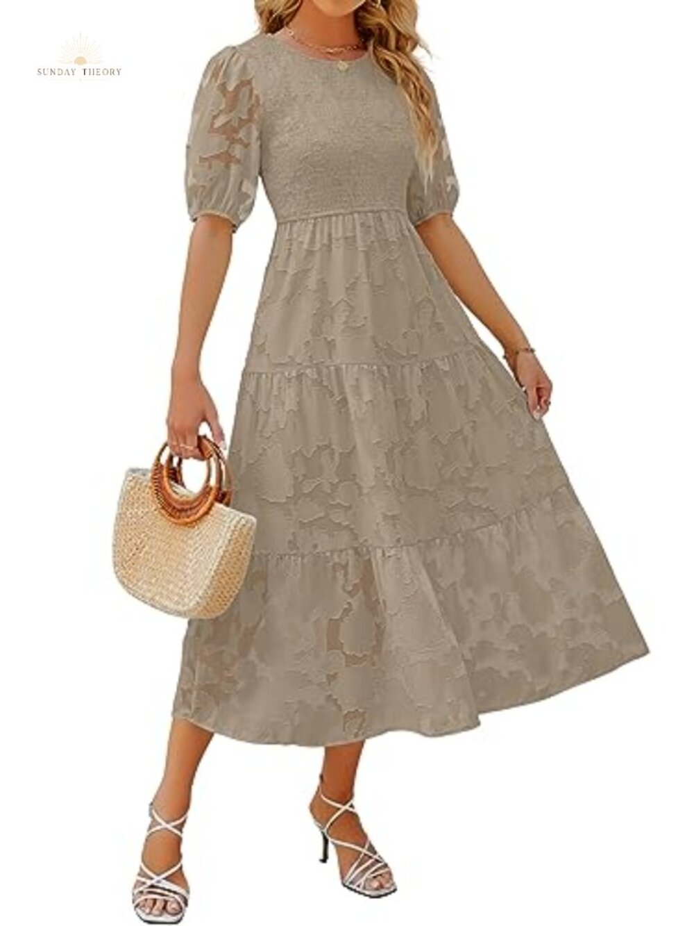 Women's Floral Lace Maxi Dress Puff Sleeve Smocked Wedding Guest